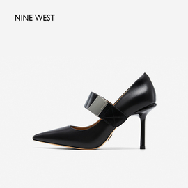 Nine West/玖熙一字带尖头玛丽珍高跟鞋春法式金属扣气质单鞋