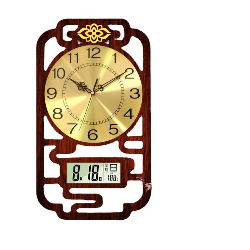 时钟挂墙家用新中式挂钟中国风万年历带日历钟表静音木质免打孔