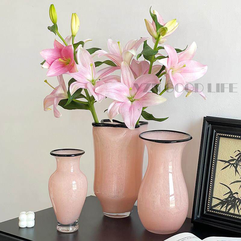 中古琉璃美器温柔粉色花瓶水培鲜花百合餐桌插花宽口新中式高级感
