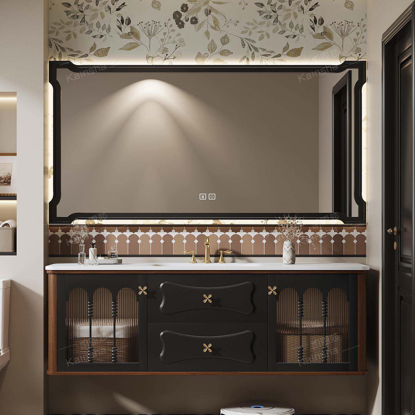 橡木法式复古中古风浴室柜组合卫生间洗漱台洗手盆柜一体智能定制