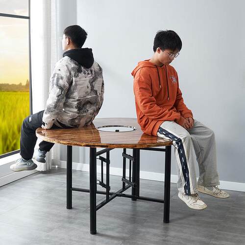 火锅桌子电磁炉一体圆桌家用实木餐桌酒店餐馆带转盘面板折叠桌架