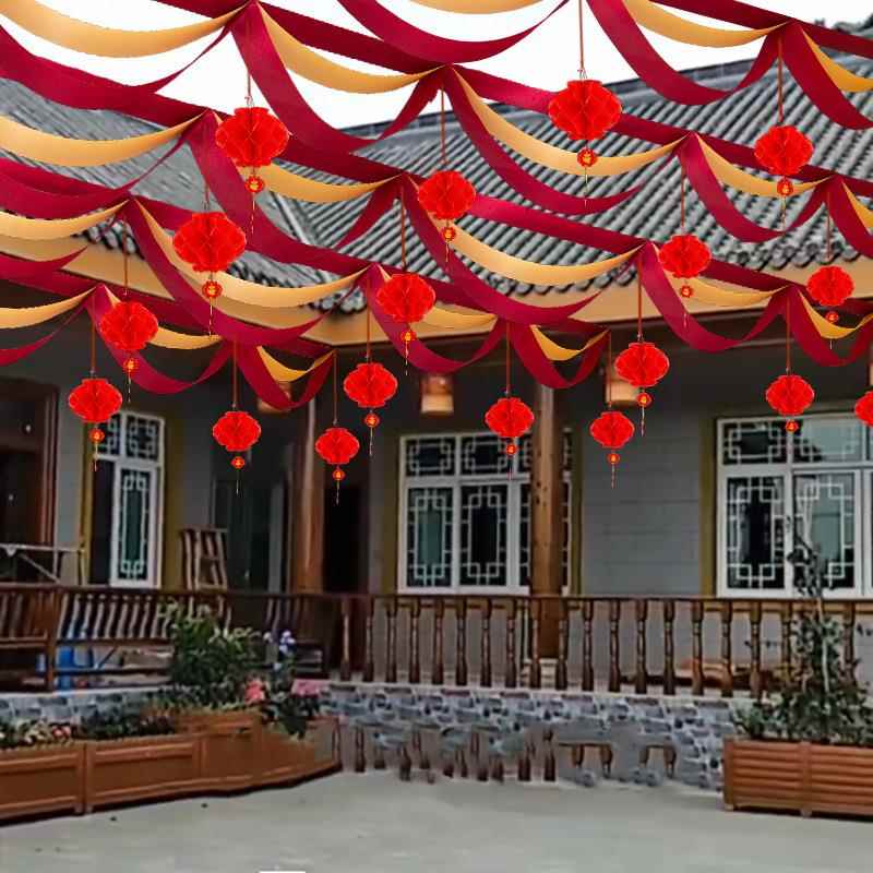 院子装饰结婚农村婚礼外场景布置店面商场开业气氛拉旗波浪旗彩带