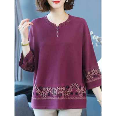 加肥大码女装200斤中老年洋气妈妈七分袖上衣秋宽松遮肚桑蚕丝t恤