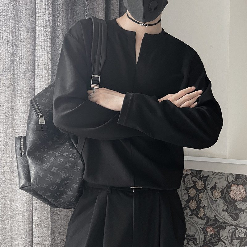 韩版ins个性设计感长袖T恤男生春秋季宽松V领百搭休闲打底衫内搭