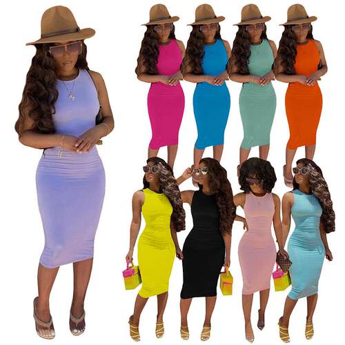 European Women's Spring Summer Fashion Casual Plain Dress