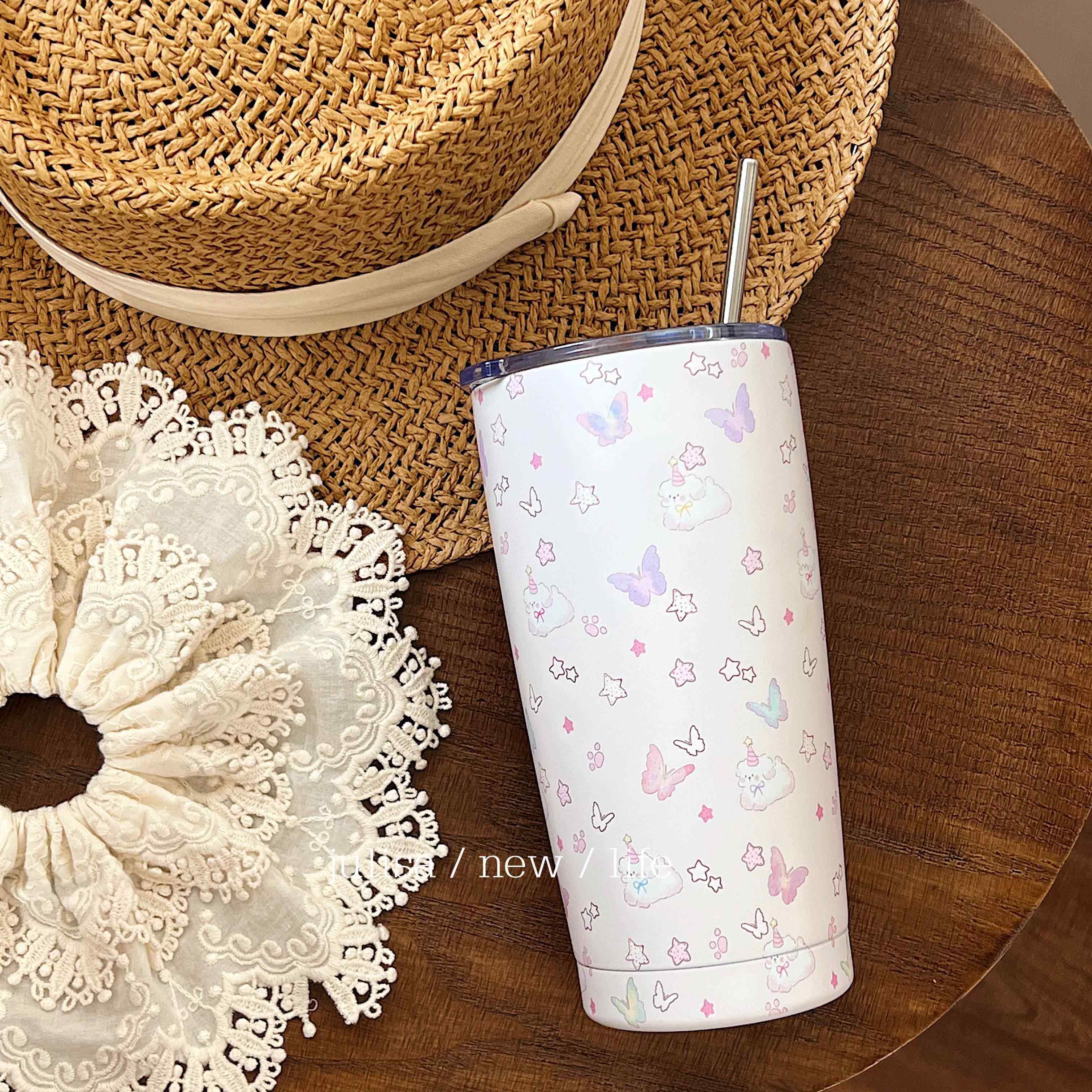 哑光高级感蝴蝶星星小狗保温杯大容量随手吸管杯子304保温保冷杯