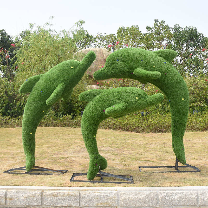 户外仿真绿植草皮植绒海豚雕塑玻璃钢动物摆件公园景观小区装饰品