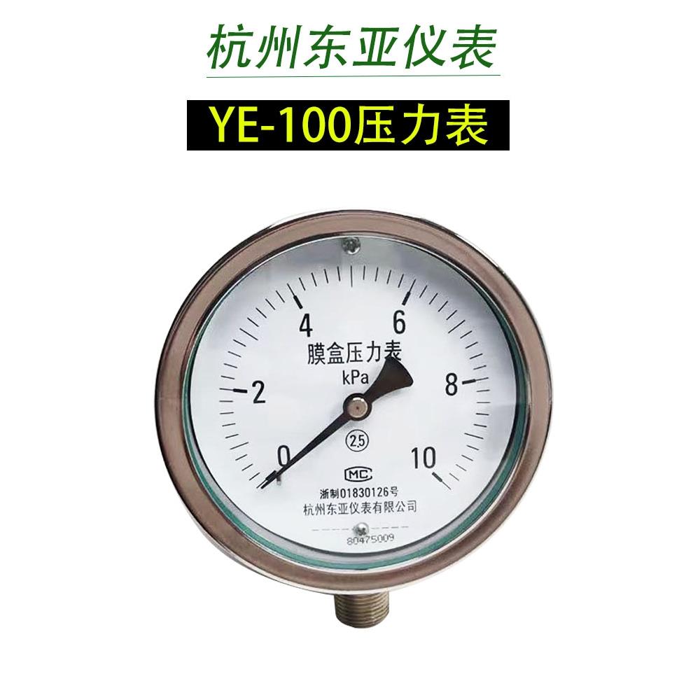 东亚仪表膜盒压力表YE-100天然燃气表检测天千帕管道微压0-10MPA