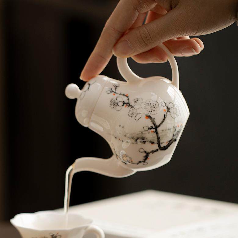 弥言玉泥白瓷手绘梅花茶壶纯手工陶瓷泡茶壶单壶带过滤手抓壶功夫