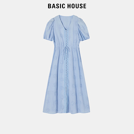 Basic House/百家好V领连衣裙2024女夏收腰显瘦A字裙子长裙