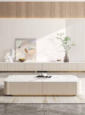 超长客厅岩板电视柜茶几组合轻奢灰色烤漆地柜现代简约宅寂风地台