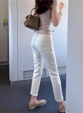 白色直筒修身显瘦牛仔裤女时尚新款百搭弹力八九分小个子法棍裤子