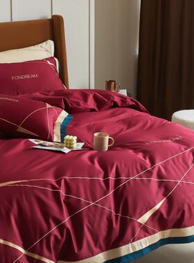 约简酒店红色结风婚0支长绒棉贡缎纯棉SAG5四件套新婚庆双人喜被