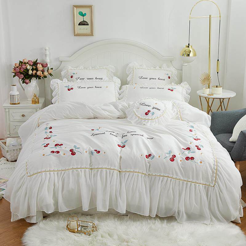 高档韩式粉色上蕾丝公主风被套四件套全棉纯棉少心网红款女单床用