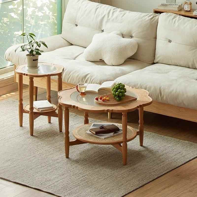 实木茶几小户型客厅美式原木风中古风花瓣复古花边玻璃圆边几日式