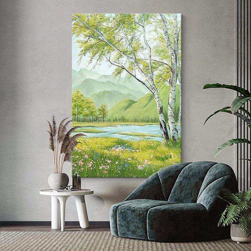 白桦树山水风景客厅装饰画意式纯手绘油画玄关挂画正对门入户壁画