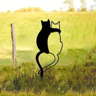 铁艺摆件猫咪拥抱剪影宠物猫纪念碑铁锈艺术动物雕塑草坪装饰地桩