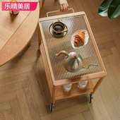 玻璃小推车日式 可移动带轮边客厅小户型实木樱桃木茶几几北欧沙发