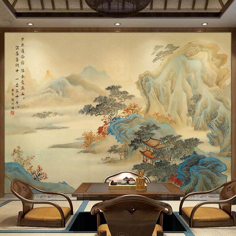 新中式国画沙发新壁纸墙面背景墙壁画客厅沙发卧室墙壁布山水饭店