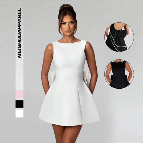 Dress Skirt Womens Fashion Summer Pearl Bow Slim Short Back