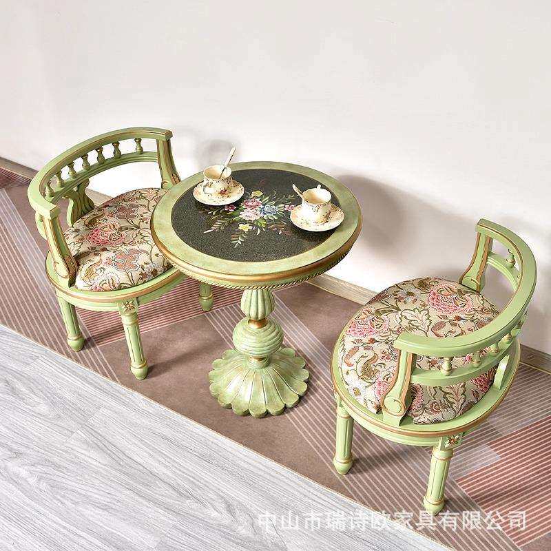 美式实木桌圆形桌办公桌 书桌组合 彩绘洽谈桌复古彩绘咖啡餐桌子