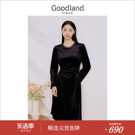 Goodland美地女装2023冬季金丝绒肌理不对称小礼服显瘦连衣裙