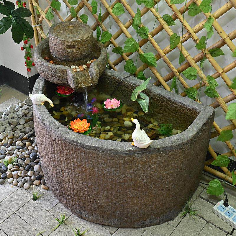 中式户外院子造景鱼池庭院花园布置古法养鱼缸流水摆件循环水景观