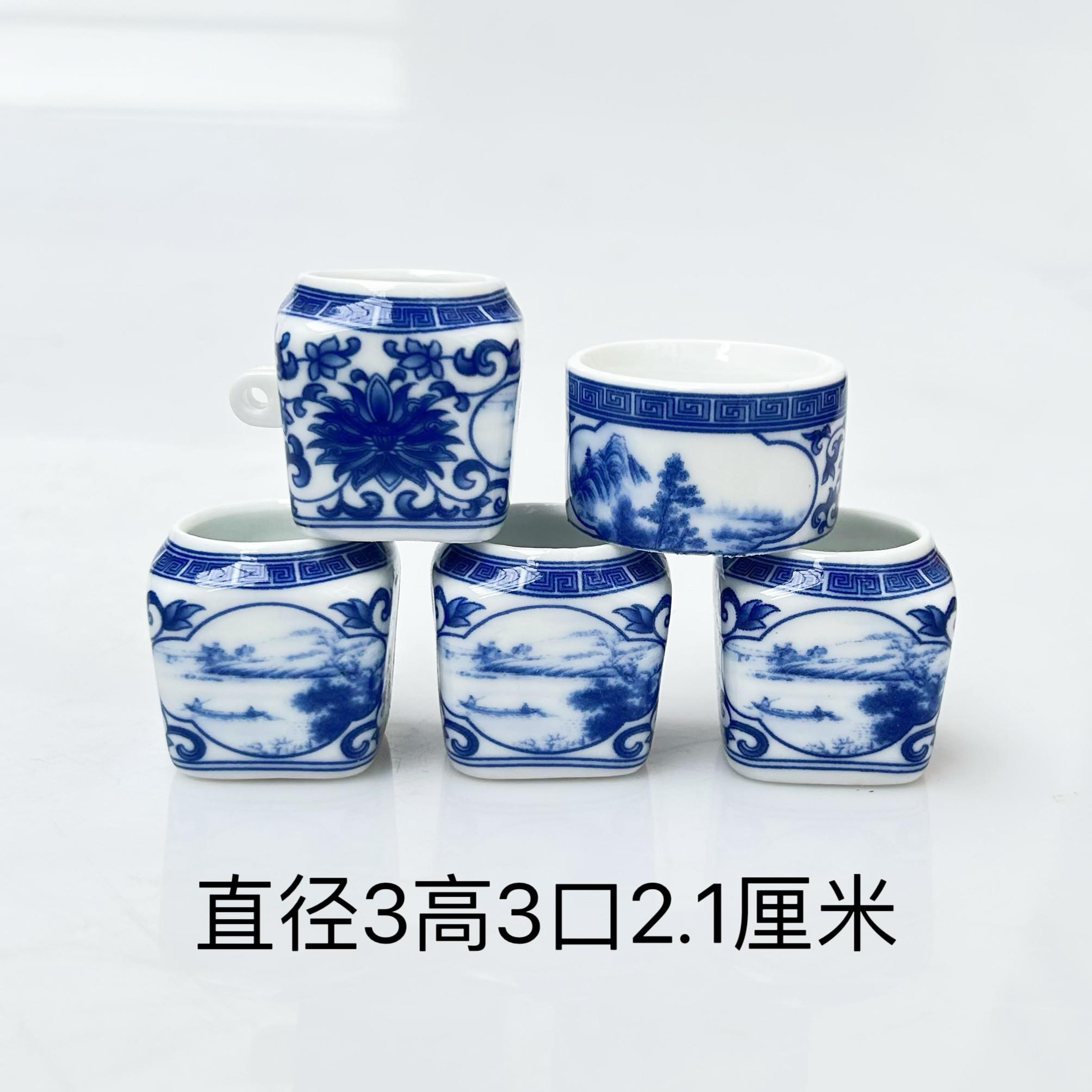 精品青花开窗山水瓷小鸟食罐绣眼鸟食杯鸟碗鸟缸五件套青花瓷食罐