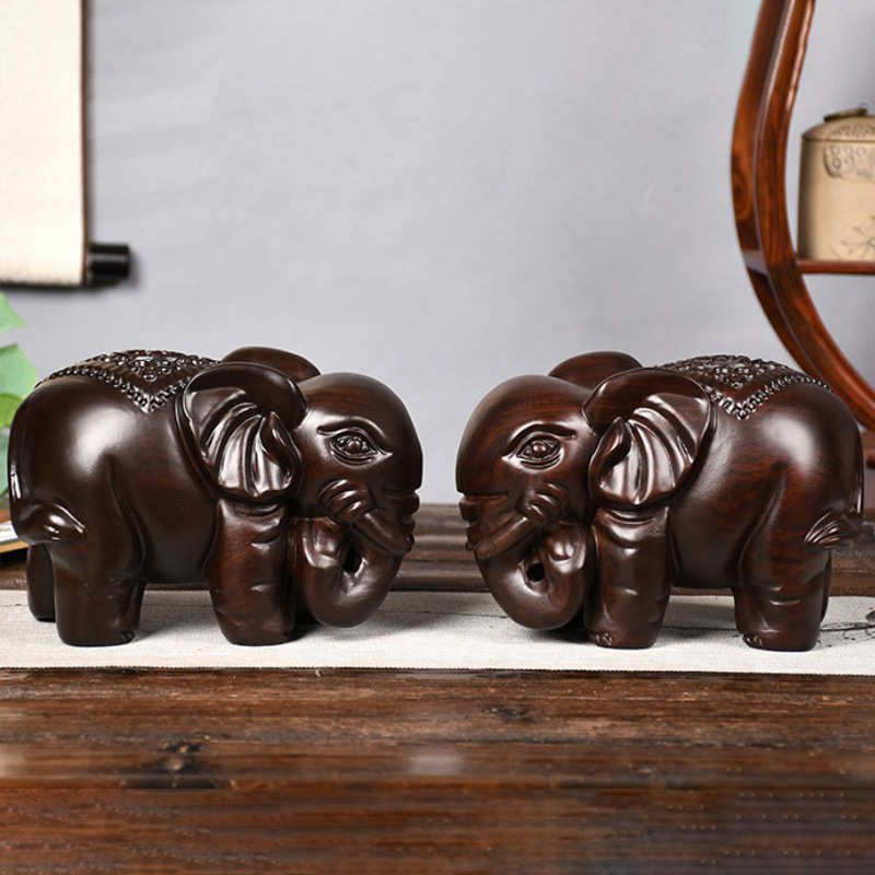 大象摆件一对木雕黑檀木实木富贵大象客厅雕刻家居装饰木质工艺品