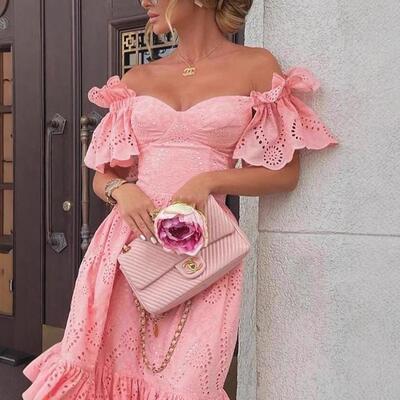 Women's one shoulder polka dot dress, long skirt