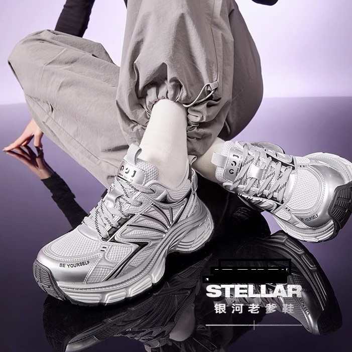 银色老爹鞋女2025春季厚底增高圆头网面透气软底休闲运动老爹鞋女