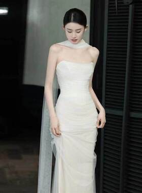 新娘婚礼服长款围脖气质鱼尾裙颈纱披肩纱影楼拍照造型婚纱配饰品