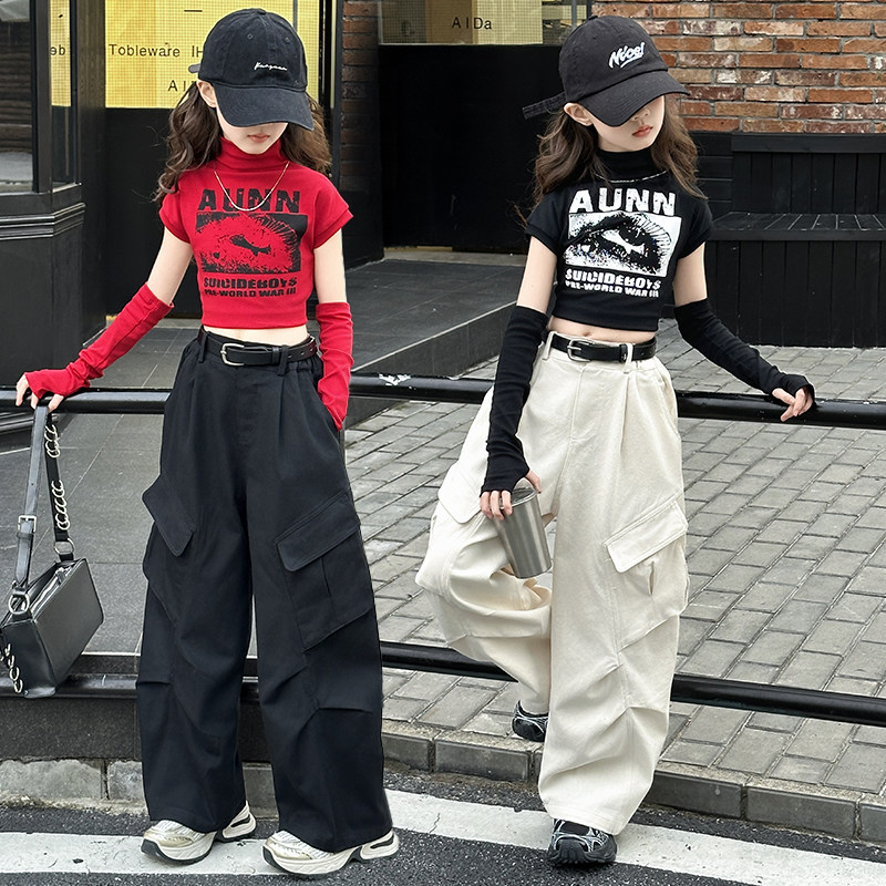 女童爵士舞春装套装2026新款女孩洋气时髦断袖打底衫工装裤两件套