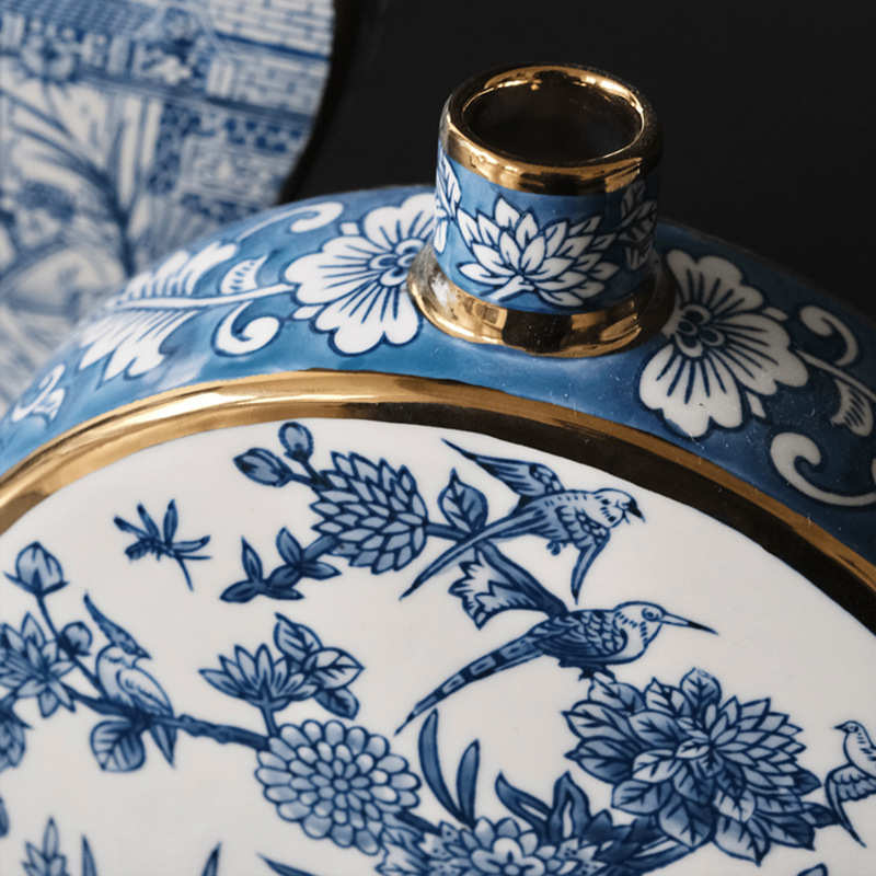 景德镇个性创意复古青花瓷新中式水墨描金彩瓷花瓶摆件家用花瓶