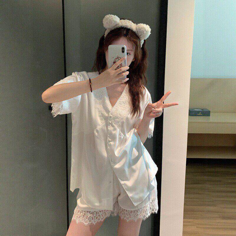 ins夏季女士睡衣冰丝蕾丝家居服套装2025新款夏可外穿V领短袖短裤