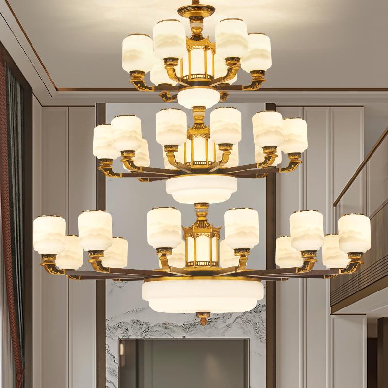 新中式复式楼大吊灯别墅中空客厅楼中楼大厅餐厅铜色玉石实木灯具