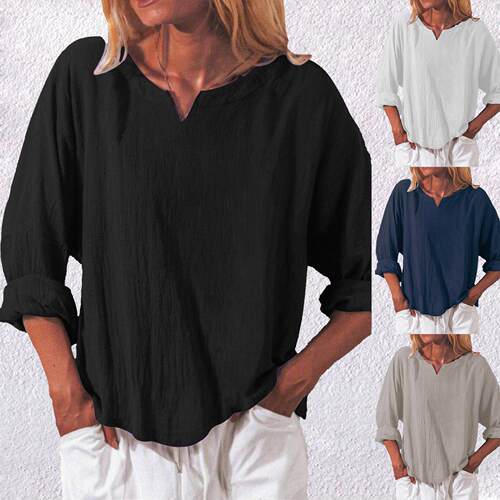 Cotton and linen long sleeved collar shirt for women