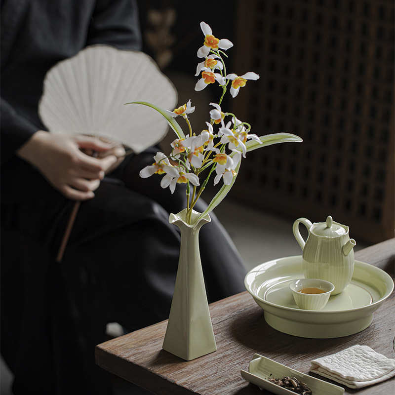墨己仿宋绿釉花艺瓶茶道配件陶瓷花插茶艺茶道小瓶子茶室空间摆件