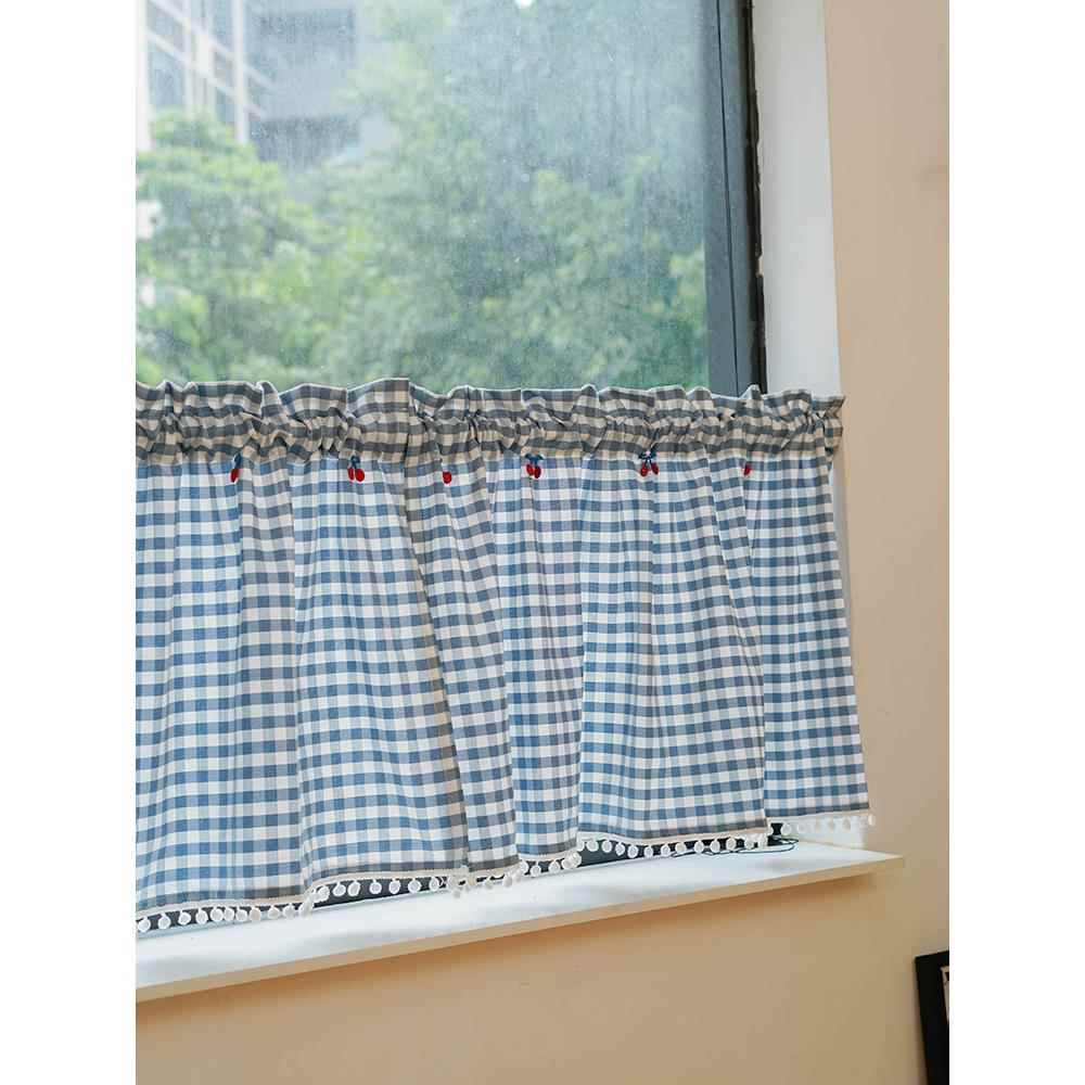 田园复古棉麻布艺格子装饰半遮光短帘免打孔隔断门帘窗幔帘头窗帘