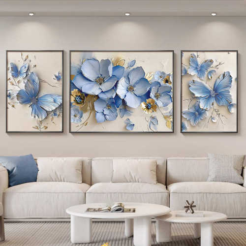 花开富贵客厅装饰画现代轻奢沙发背景墙挂画高级感大气蝴蝶三联画