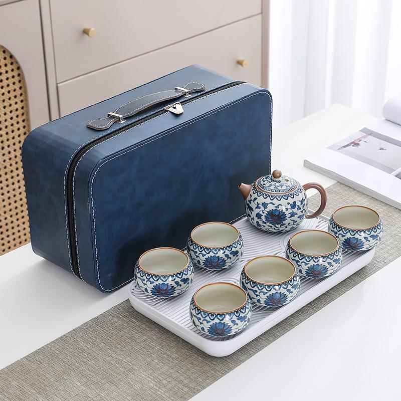 汝窑青旅花西施旅行茶具套出差游便携式壶茶具大容量装茶壶旅行包