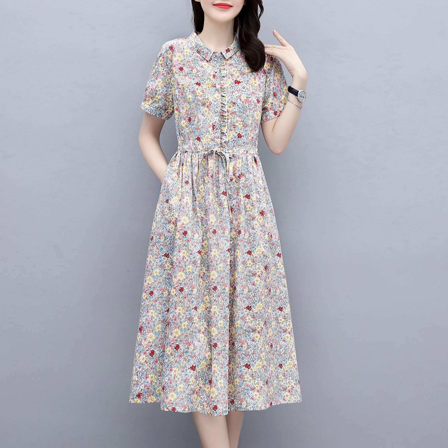 欧洲站2025全棉小碎花洋装女中长版时尚气质显瘦印花纯棉布裙子