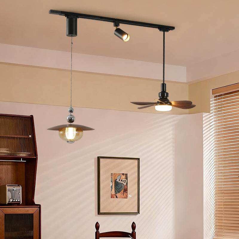 可移动餐厅吊灯中古风轨道风扇灯北欧原木风复古胡桃木色餐桌灯具