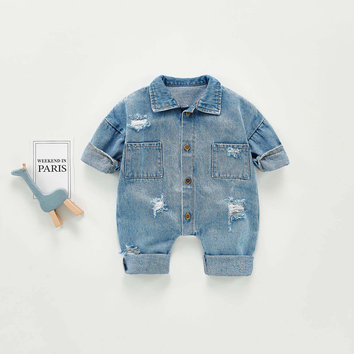 婴幼儿秋装时尚洋气牛仔连身衣女长袖破洞哈衣爬服外出服