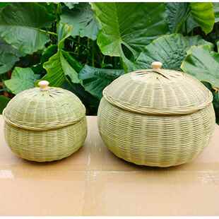 竹编制品菜叶罐南瓜篮家用零食鸡蛋收纳筐带盖子创意编织水果篮