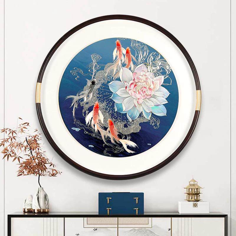 入户玄关圆形装饰画手工錾刻铜雕画客厅书房新中式九鱼聚财百搭画
