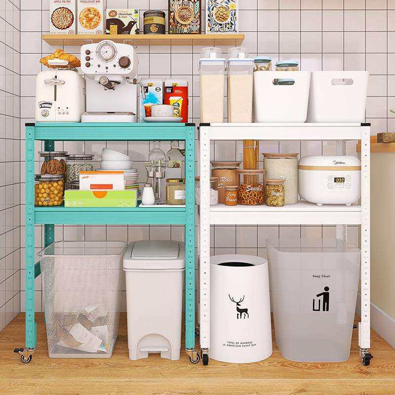 二层厨房垃圾桶上方带轮子可移动下空式收纳落地架