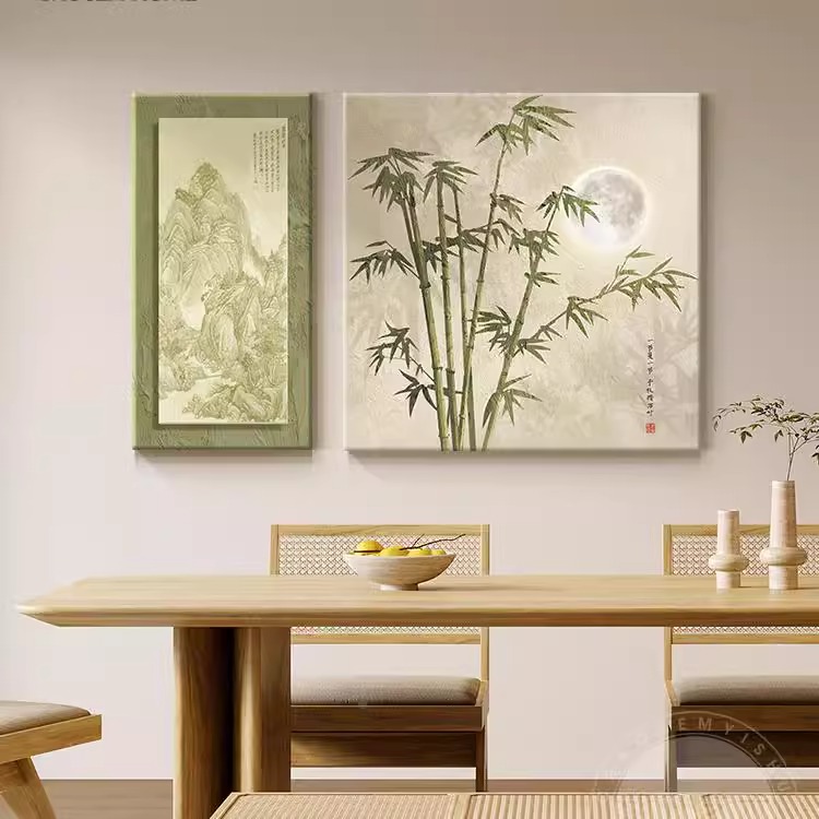 侘寂新中式餐厅装饰画中古风竹报平安饭厅餐桌背景墙挂画茶室壁画