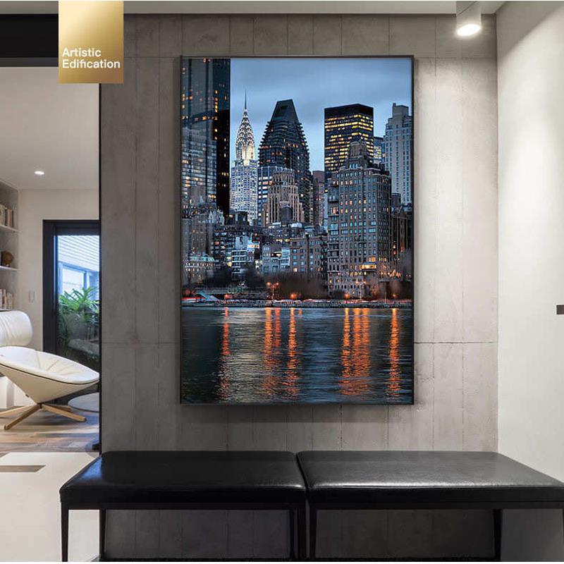 现代简约客厅风景装饰画沙发背景墙城市建筑夜景挂画玄关壁画竖版图片