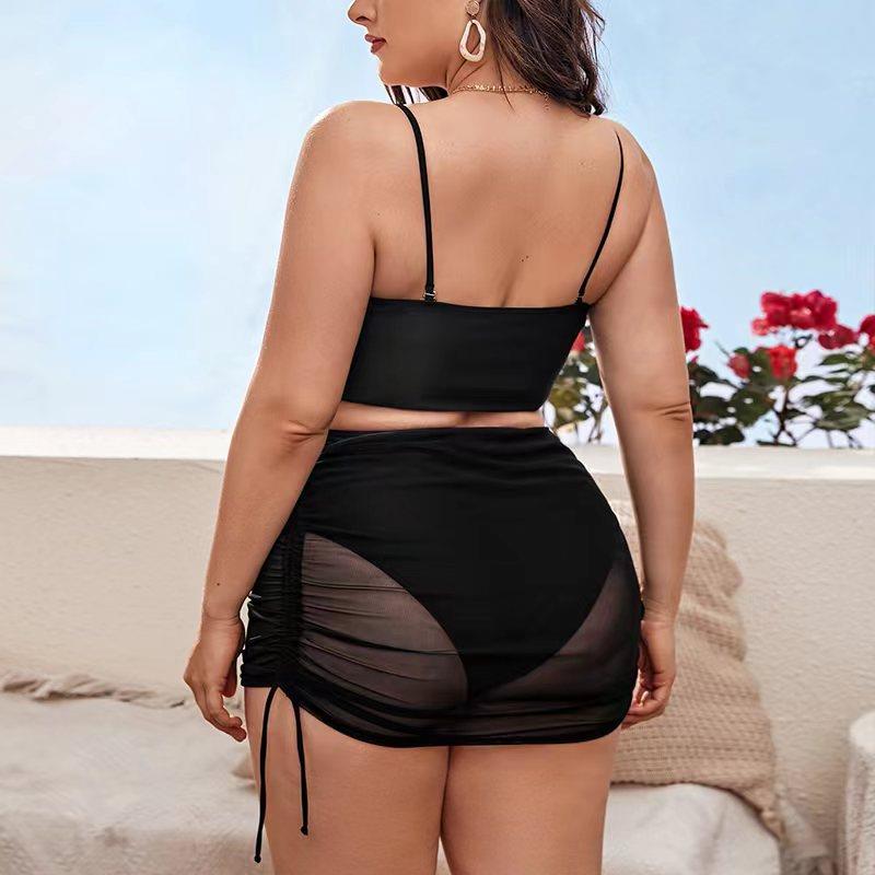 Large size mesh three-piece solid color drawstring bikini